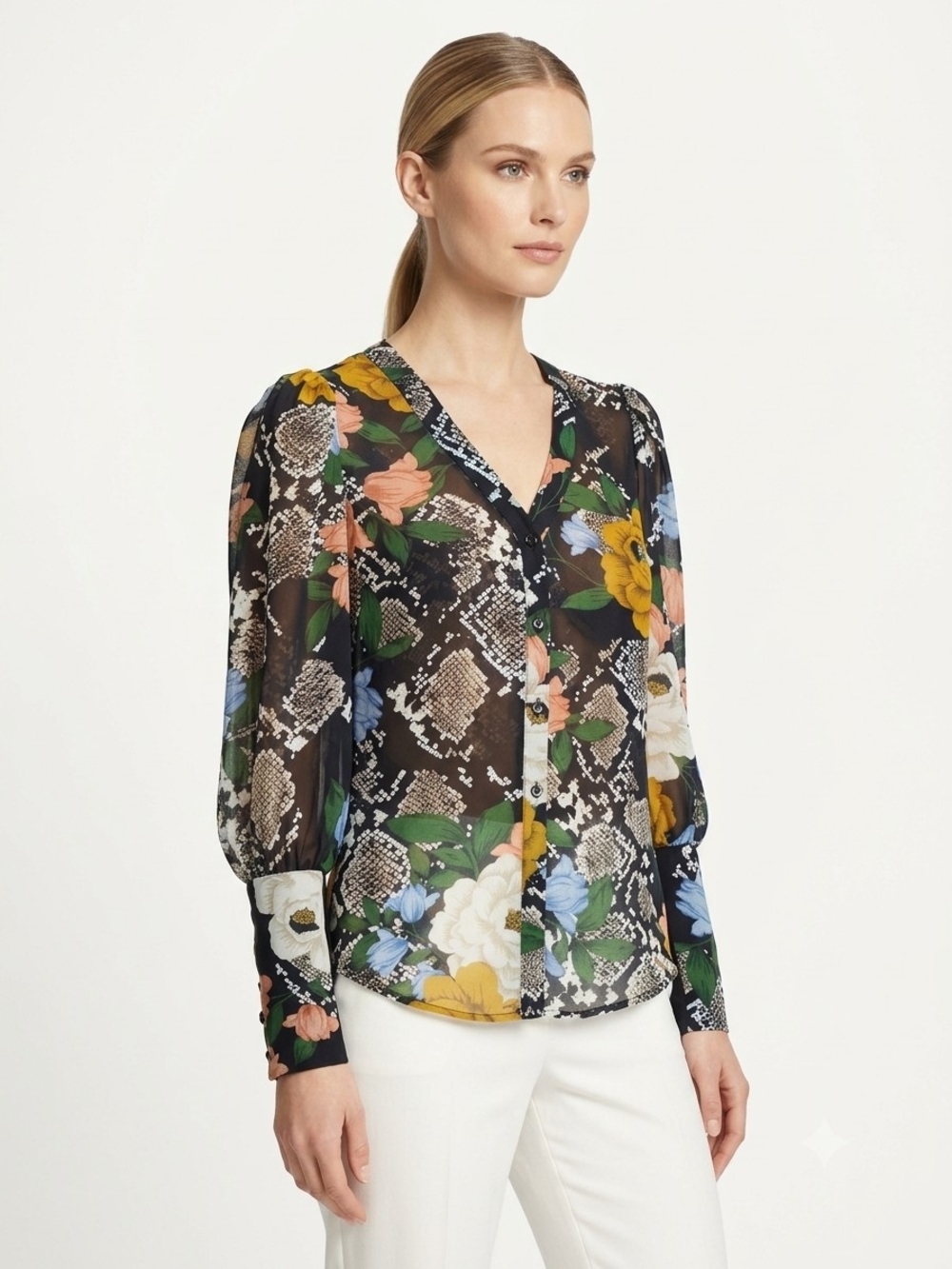 Cabi Floral & Snake-Print V-Neck Blouse Size Small